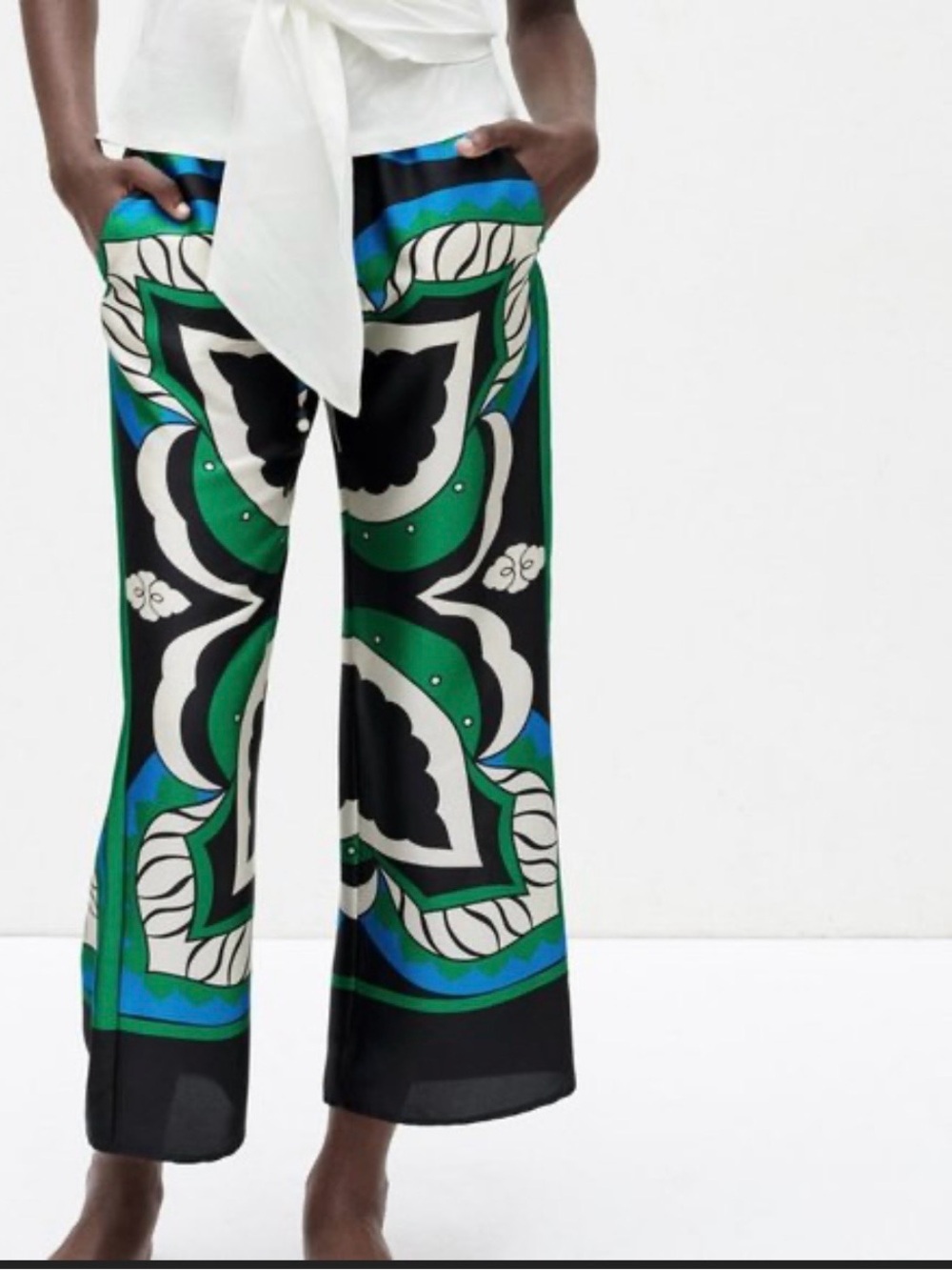 Zara Black, Green & Blue Wide-Leg Printed Cropped Pants